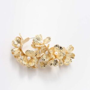 A Rhodium plating floral statement ring adorned with small pearls, showcasing an elegant and modern design on a white background.
