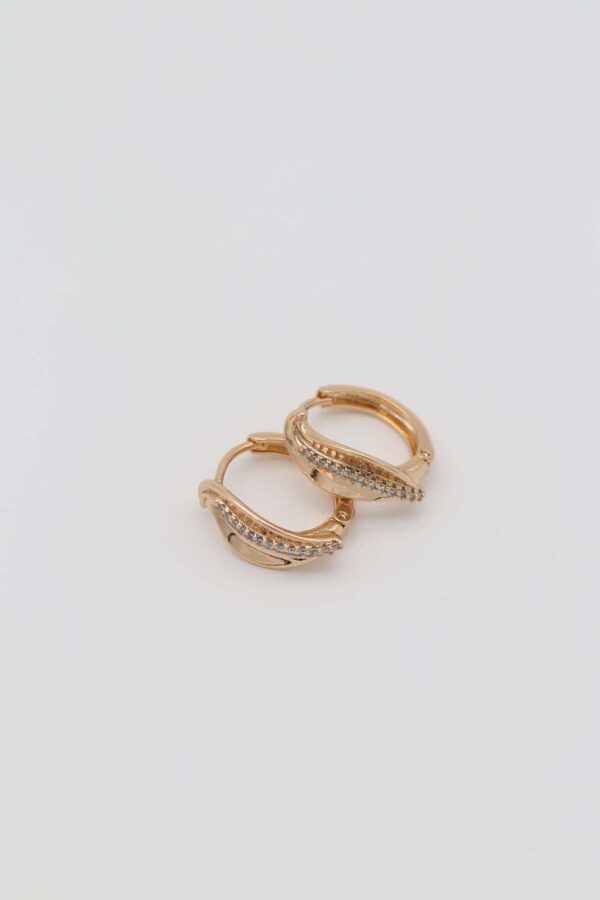 Gold-plated hoop earrings with an elegant curve design and sparkling crystal embellishments, set against a plain white background.