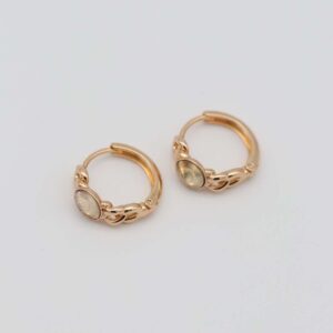 Gold-plated hoop earrings with intricate chain details and bold yellow gemstone centers, displayed on a neutral background.
