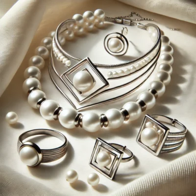 A modern layered pearl necklace paired with sleek metal accents, showcasing timeless elegance in contemporary design.