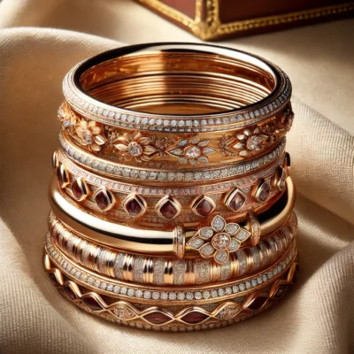 A collection of stacked bangles featuring sleek rhodium-plated designs, textured metals, and gemstone embellishments. Styled on a soft fabric background with natural light emphasizing their shine.