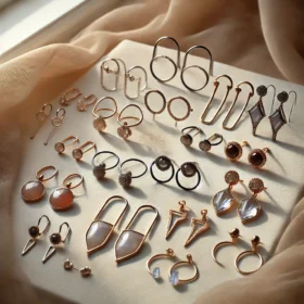 A stylish display of ear cuffs and mismatched earrings, including dainty, minimalist designs and bold asymmetrical pairings, set against a soft fabric background with natural light enhancing their details.