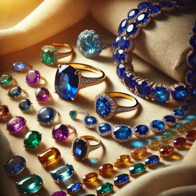 A luxurious display of colourful gemstone jewellery, including sapphire rings, emerald necklaces, and vivid gemstone earrings. Set on a soft fabric background, illuminated with natural light to highlight their vibrant hues.