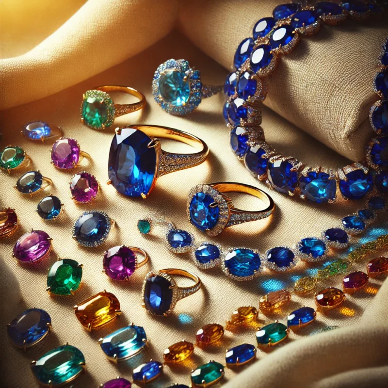 A luxurious display of colourful gemstone jewellery, including sapphire rings, emerald necklaces, and vivid gemstone earrings. Set on a soft fabric background, illuminated with natural light to highlight their vibrant hues.