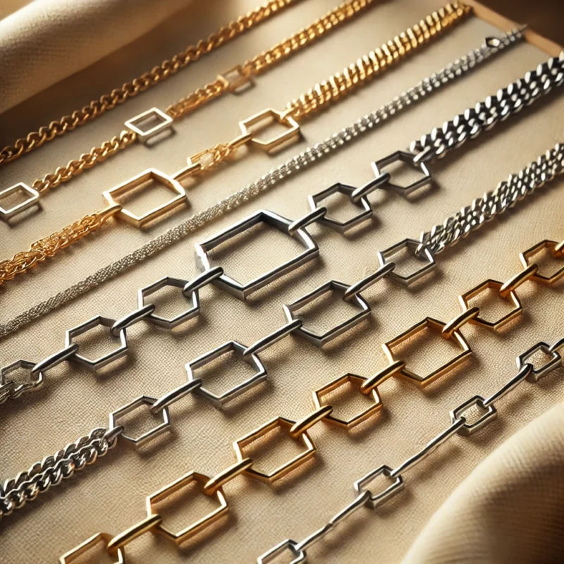 A collection of minimalist chain jewellery featuring geometric chain necklaces with sleek closures, elegantly arranged on a soft fabric background with natural light highlighting their shine.