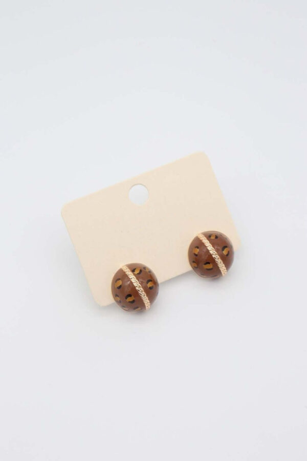 Leopard Accent Stud Earrings with glossy brown resin, leopard-print details, and a polished gold-plated band.