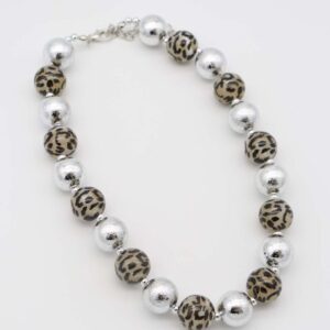 Leopard Print and Silver Bead Necklace with alternating silver-tone and leopard-print beads.
