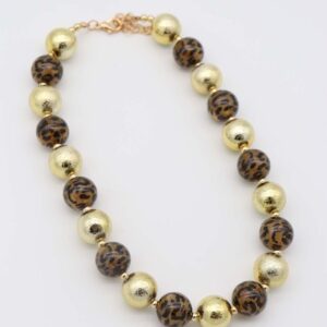 Leopard Print and Gold Bead Necklace with alternating gold-tone and leopard-print beads.