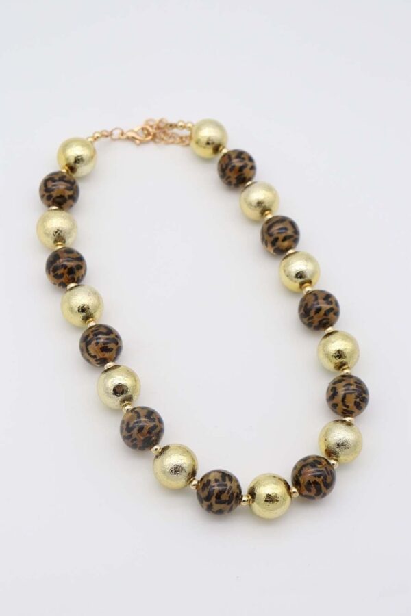 Leopard Print and Gold Bead Necklace with alternating gold-tone and leopard-print beads.