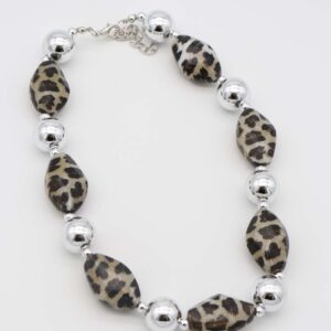 Silver Leopard Print Necklace with alternating silver and leopard-patterned geometric beads.