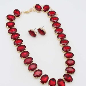 Ruby Red Gem Necklace and Earrings Set with oval-cut stones and gold-tone settings.