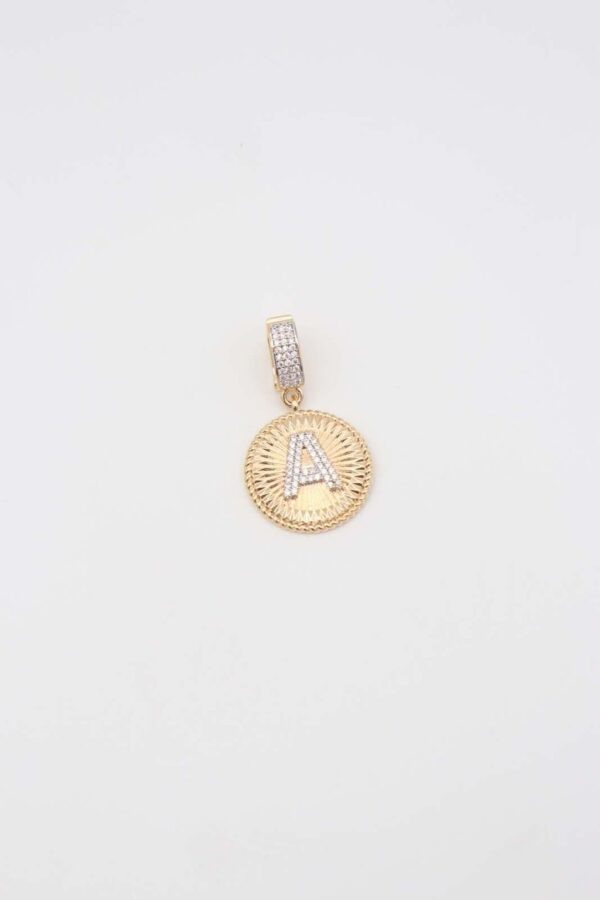 Gold pendant featuring a crystal-encrusted letter 'A' in a circular frame