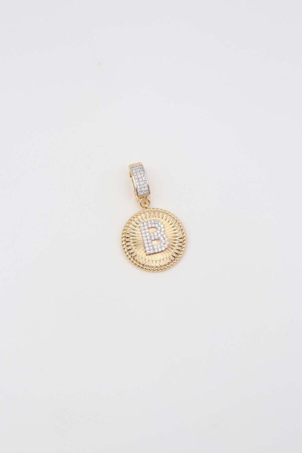 Gold pendant featuring a crystal-encrusted letter 'B' in a circular frame