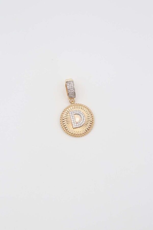 Gold pendant featuring a crystal-encrusted letter 'D' in a circular frame