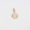 Gold pendant featuring a crystal-encrusted letter 'E' in a circular frame