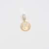 Gold pendant featuring a crystal-encrusted letter 'F' in a circular frame