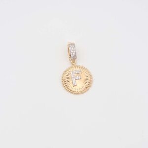 Gold pendant featuring a crystal-encrusted letter 'F' in a circular frame