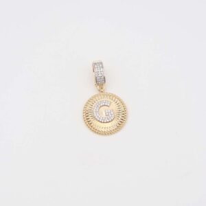 Gold pendant featuring a crystal-encrusted letter 'G' in a circular frame
