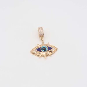 Gold evil eye pendant with blue enamel detailing and a radiant design