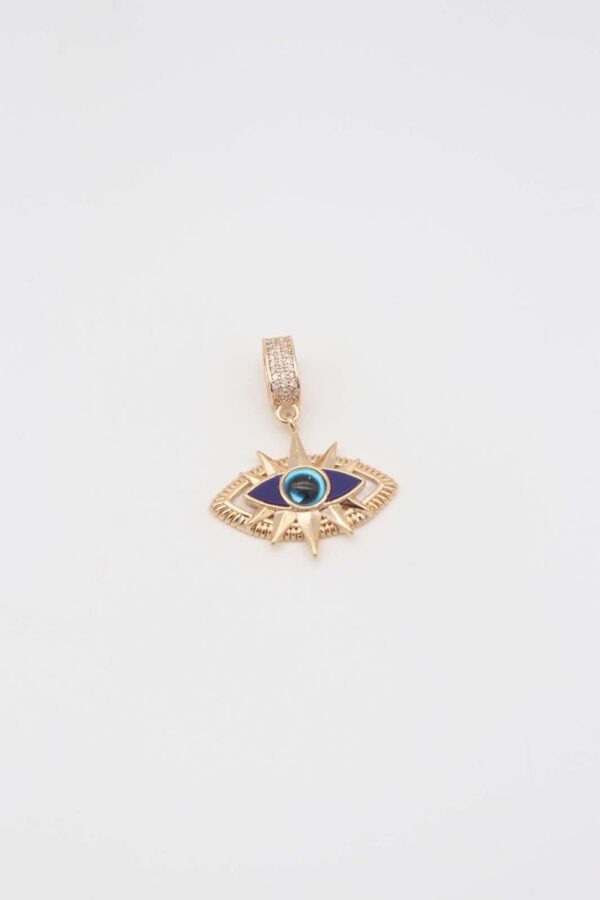 Gold evil eye pendant with blue enamel detailing and a radiant design