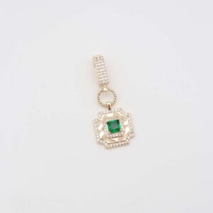 Gold square pendant with green gemstone and crystal embellishments