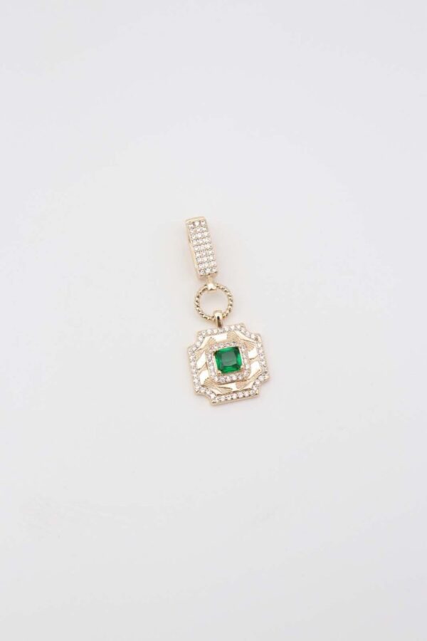 Gold square pendant with green gemstone and crystal embellishments