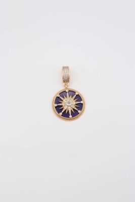 Gold round pendant with deep blue enamel and star motif