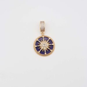 Gold round pendant with deep blue enamel and star motif