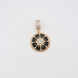 Gold round pendant with black enamel and star design
