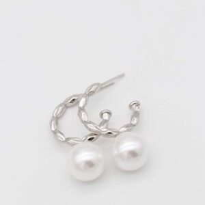 Textured silver hoop earrings with pearl drop