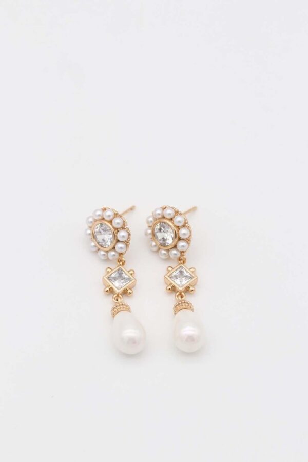Elegant pearl drop earrings with gold and crystal details